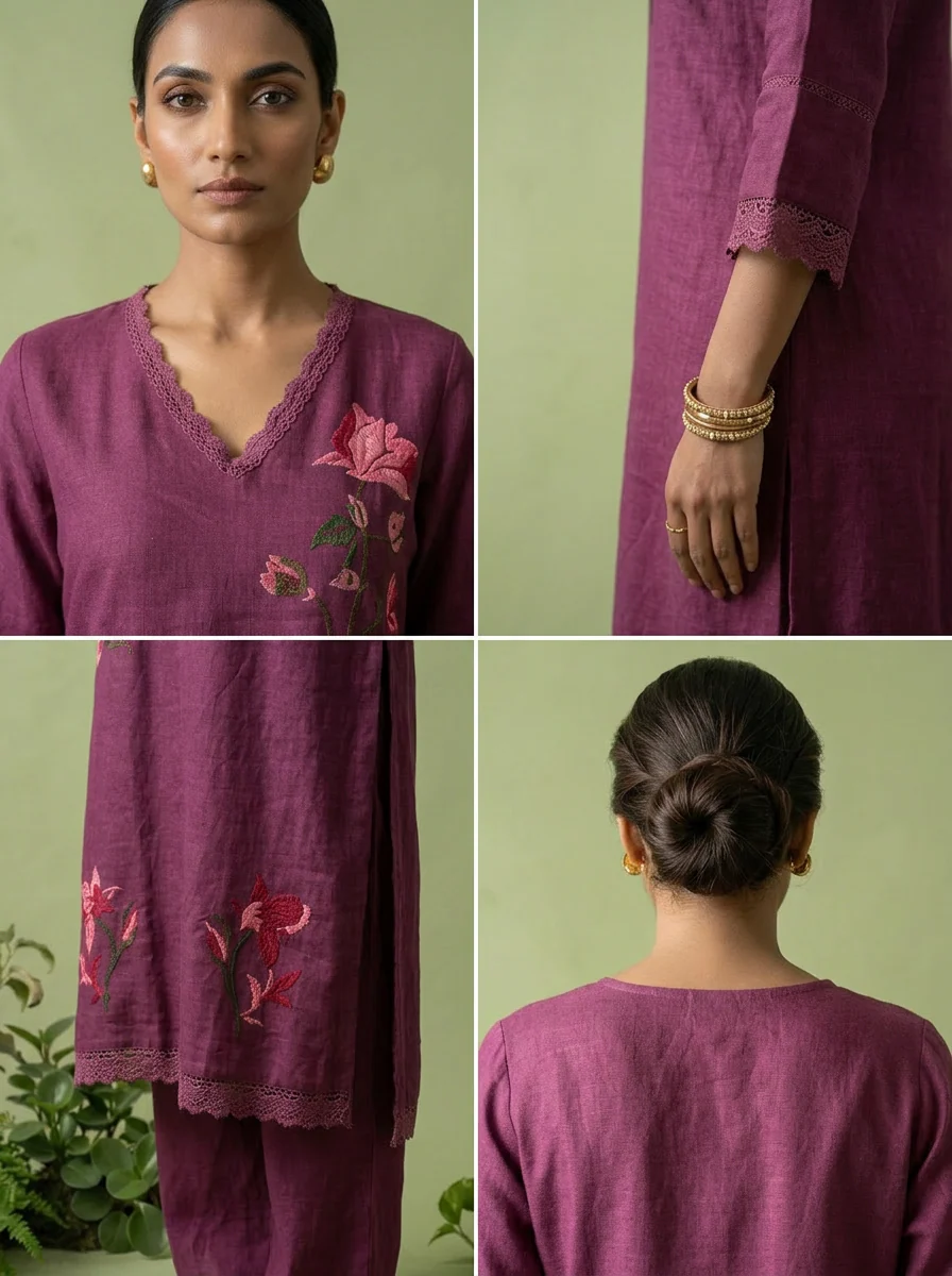 Purple Linen Thread Embroidered Two Piece Set - Image 5