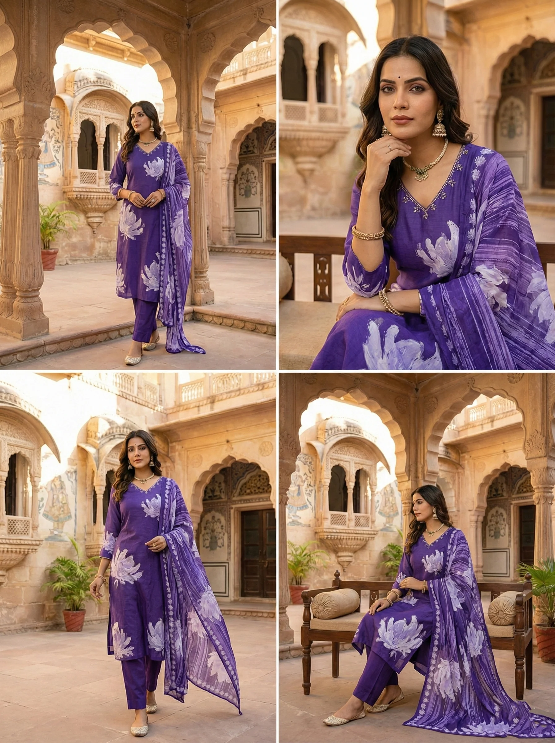 Purple Muslin Floral Printed Three Piece Set - Image 4