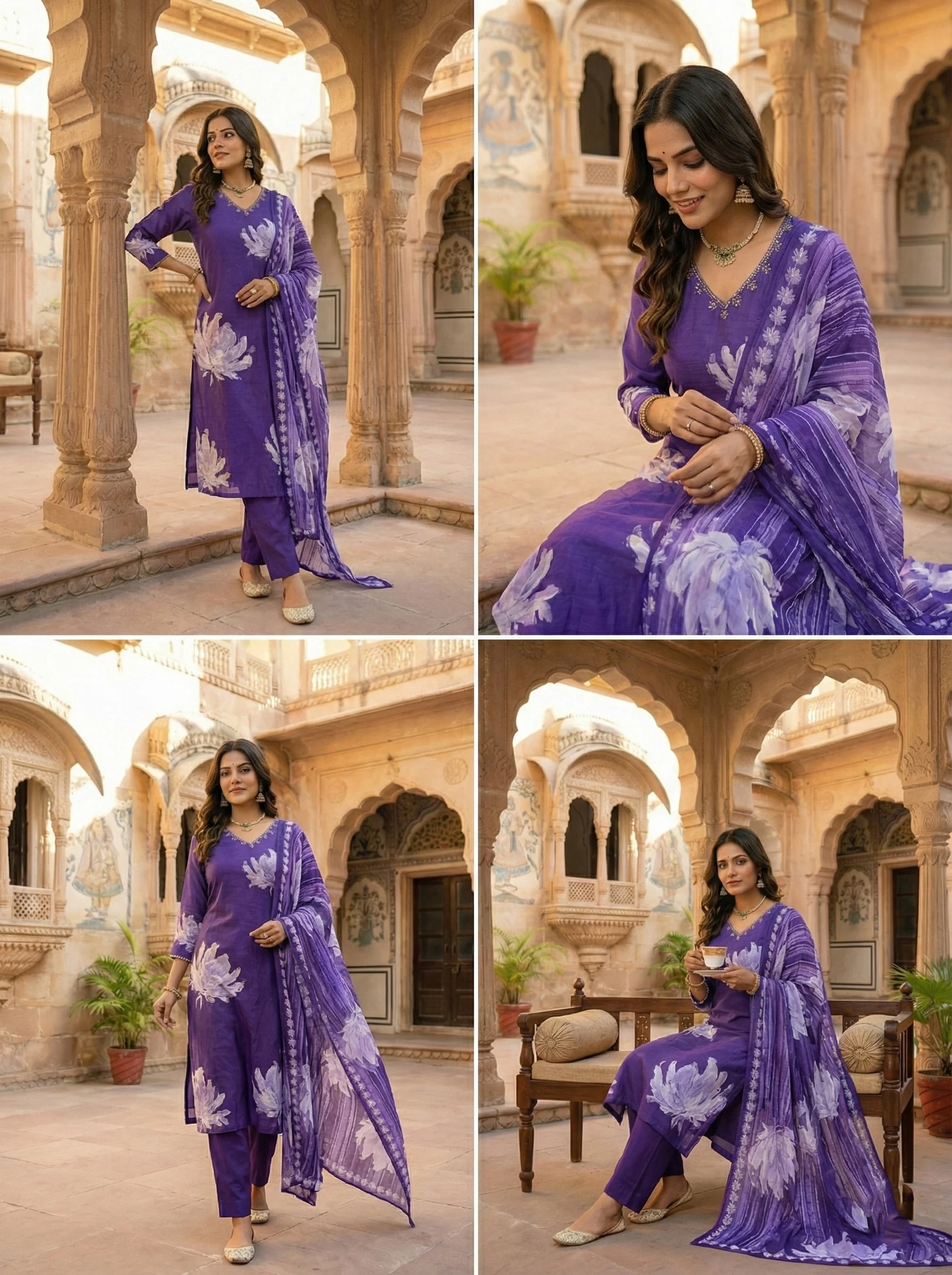 Purple Muslin Floral Printed Three Piece Set - Image 5