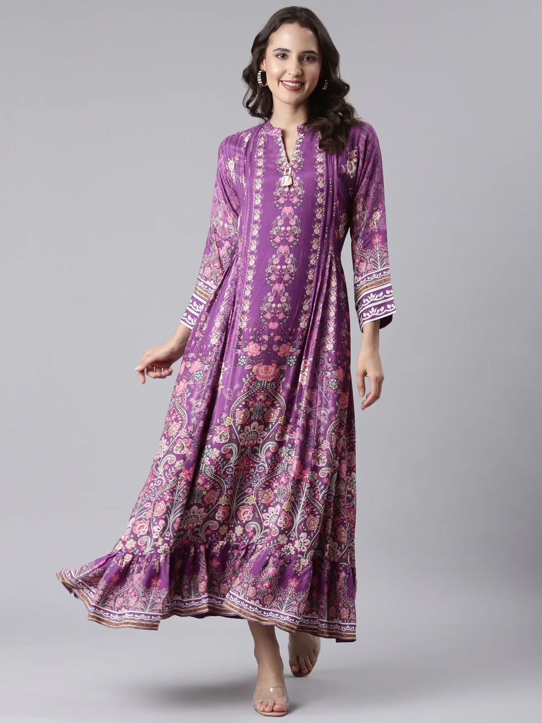 Purple Muslin Printed Long One Piece Gown - Image 5