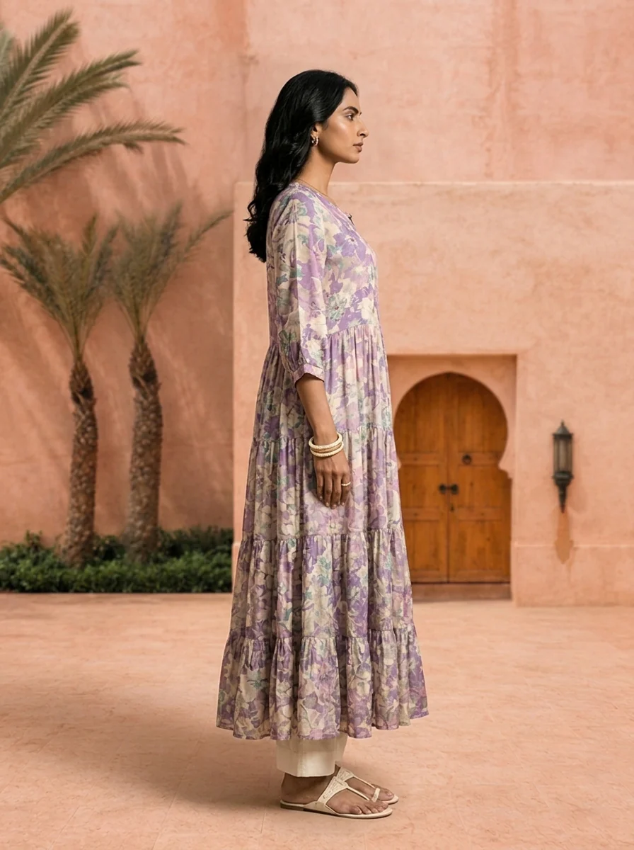 Purple Printed And Hand Embroidery Muslin Long Dress - Image 3