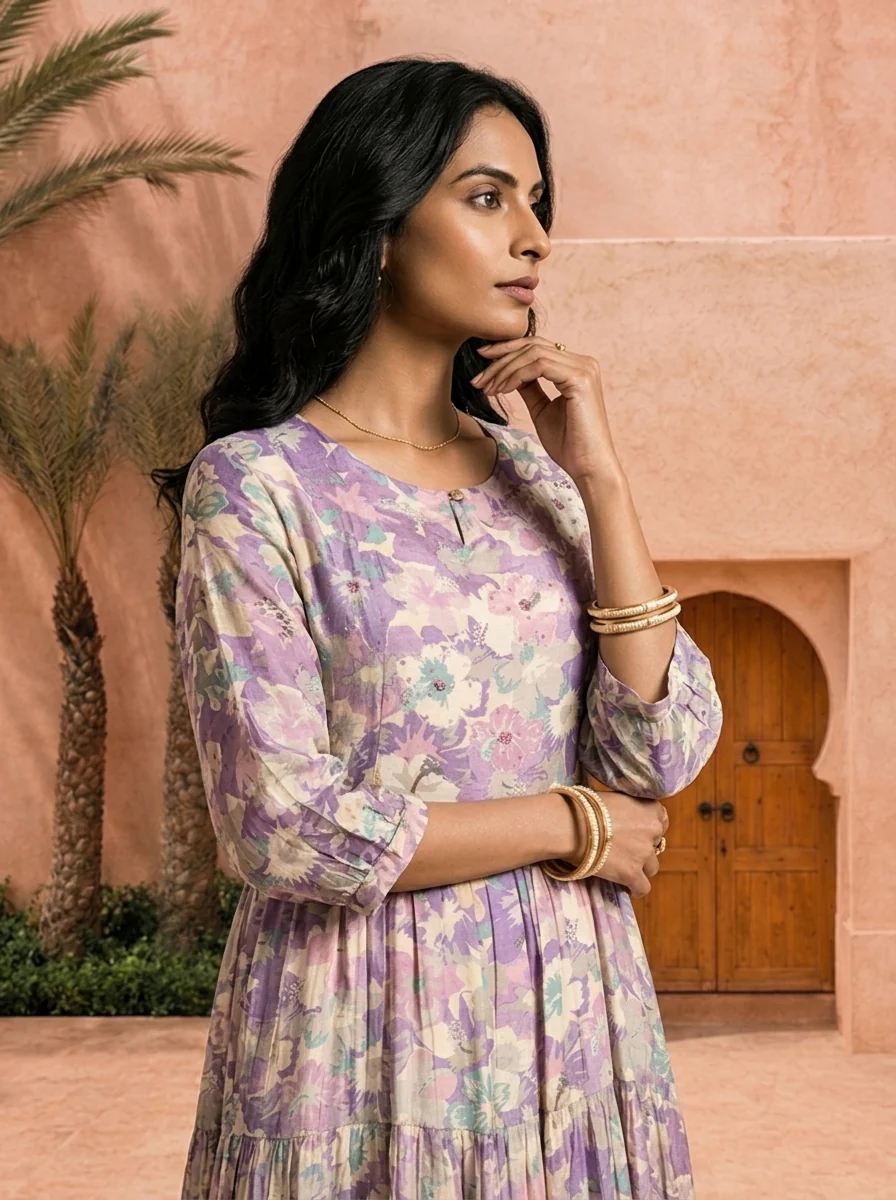 Purple Printed And Hand Embroidery Muslin Long Dress - Image 4