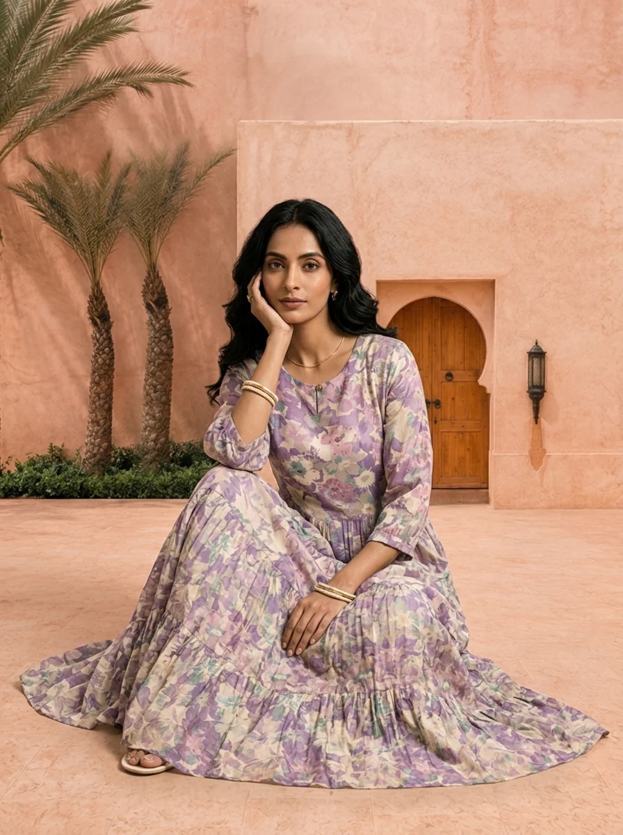 Purple Printed And Hand Embroidery Muslin Long Dress - Image 5