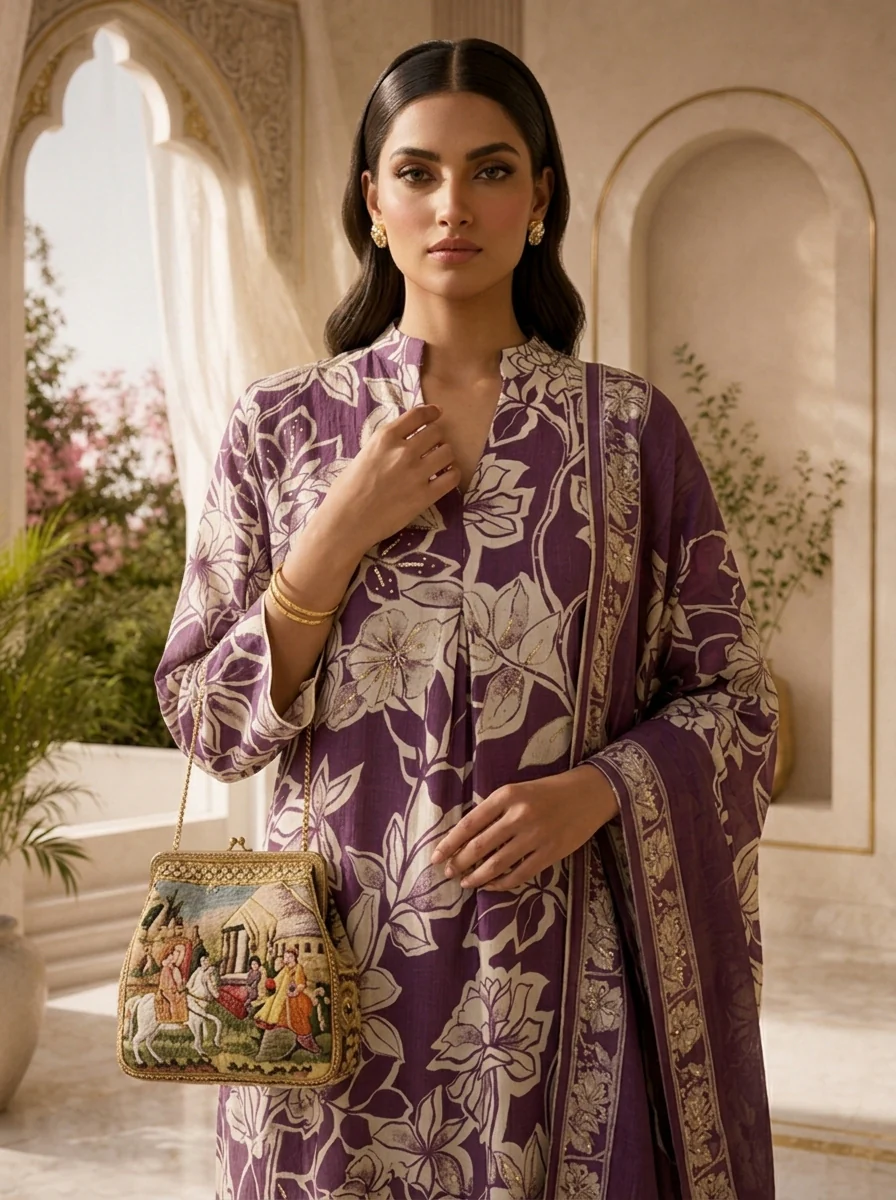Purple Printed And Sequins Embroidery Rayon Three Piece Set - Image 4