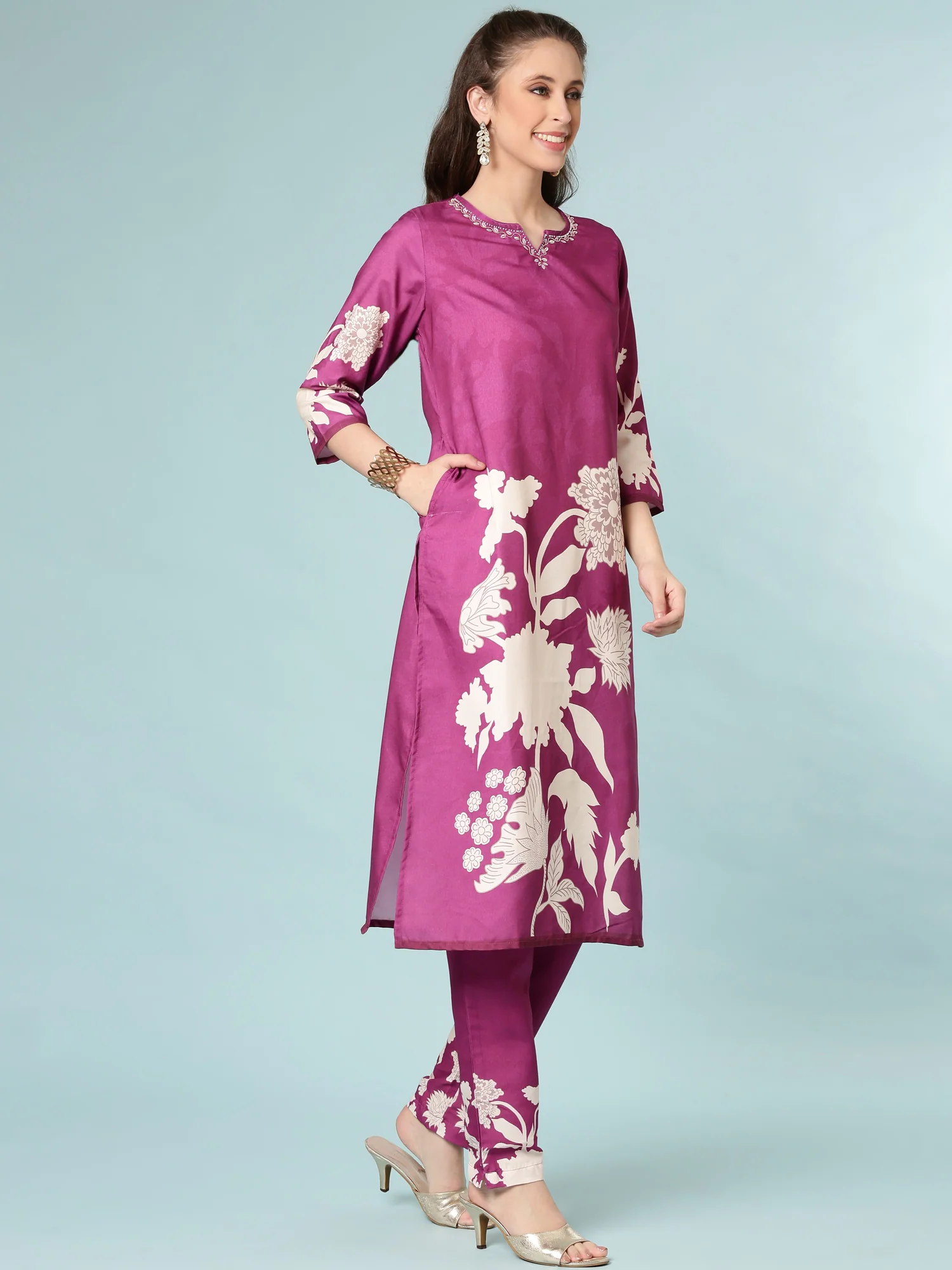 Purple Rayon Digital Print Three Piece Set - Image 2