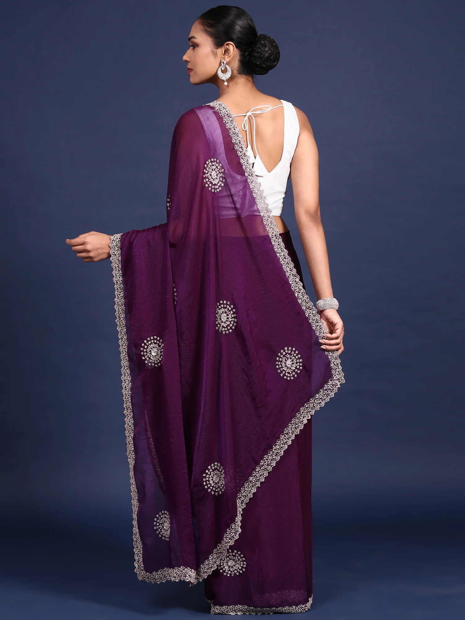 Purple Satin Aari Embroidery Saree - Image 2