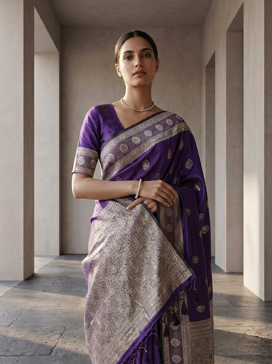 Purple Silk Buti Design Weaved Saree - Image 2