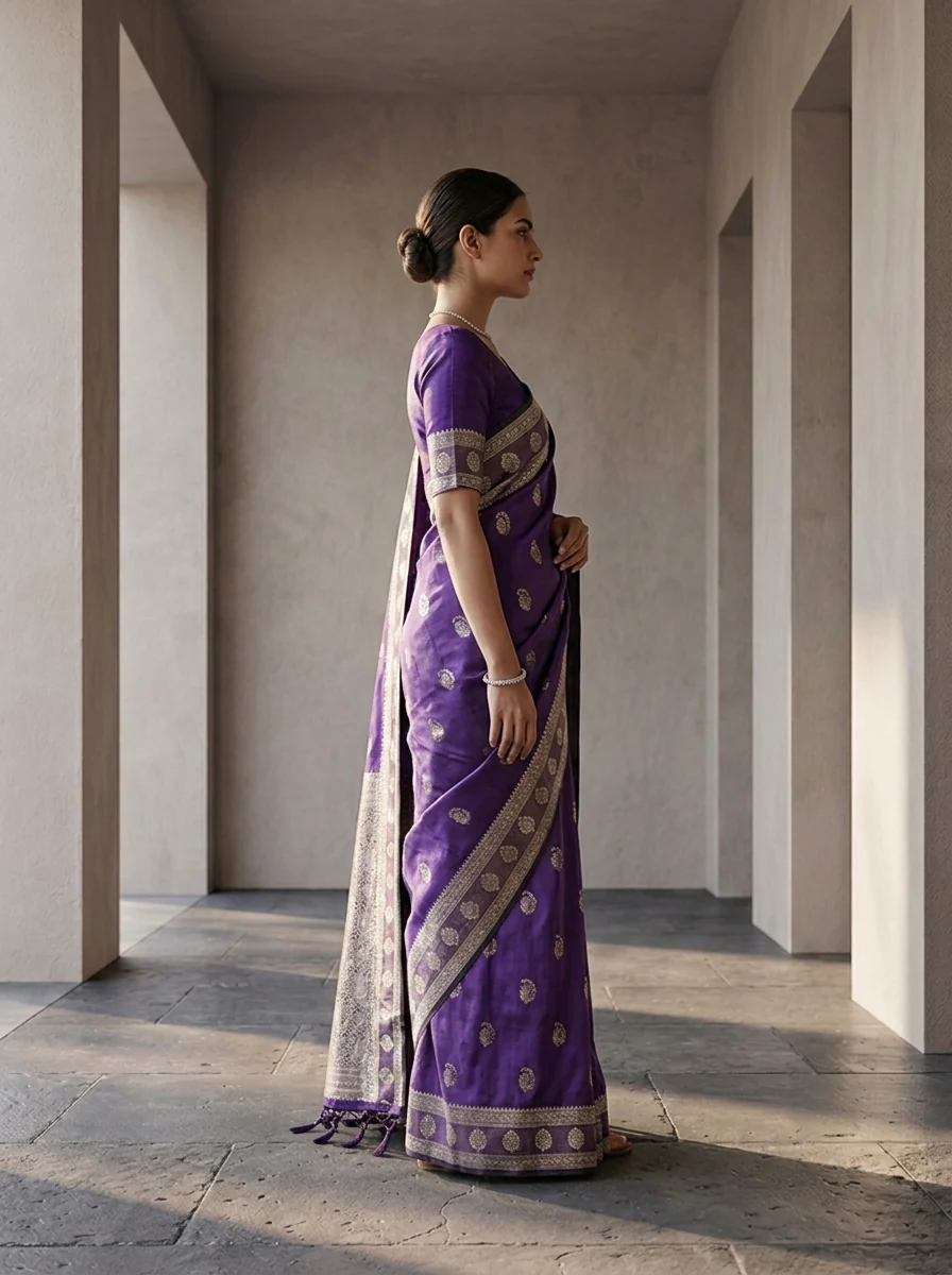 Purple Silk Buti Design Weaved Saree - Image 3