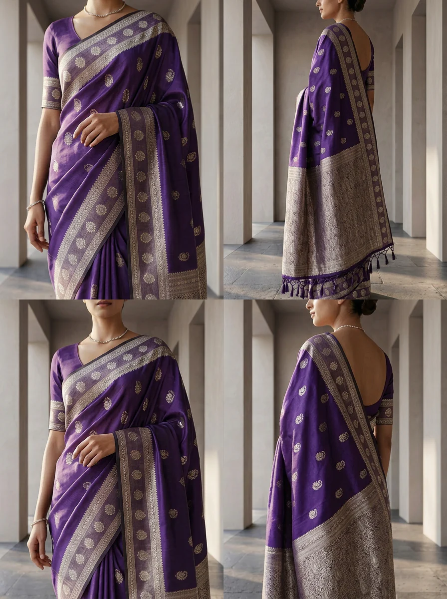 Purple Silk Buti Design Weaved Saree - Image 4