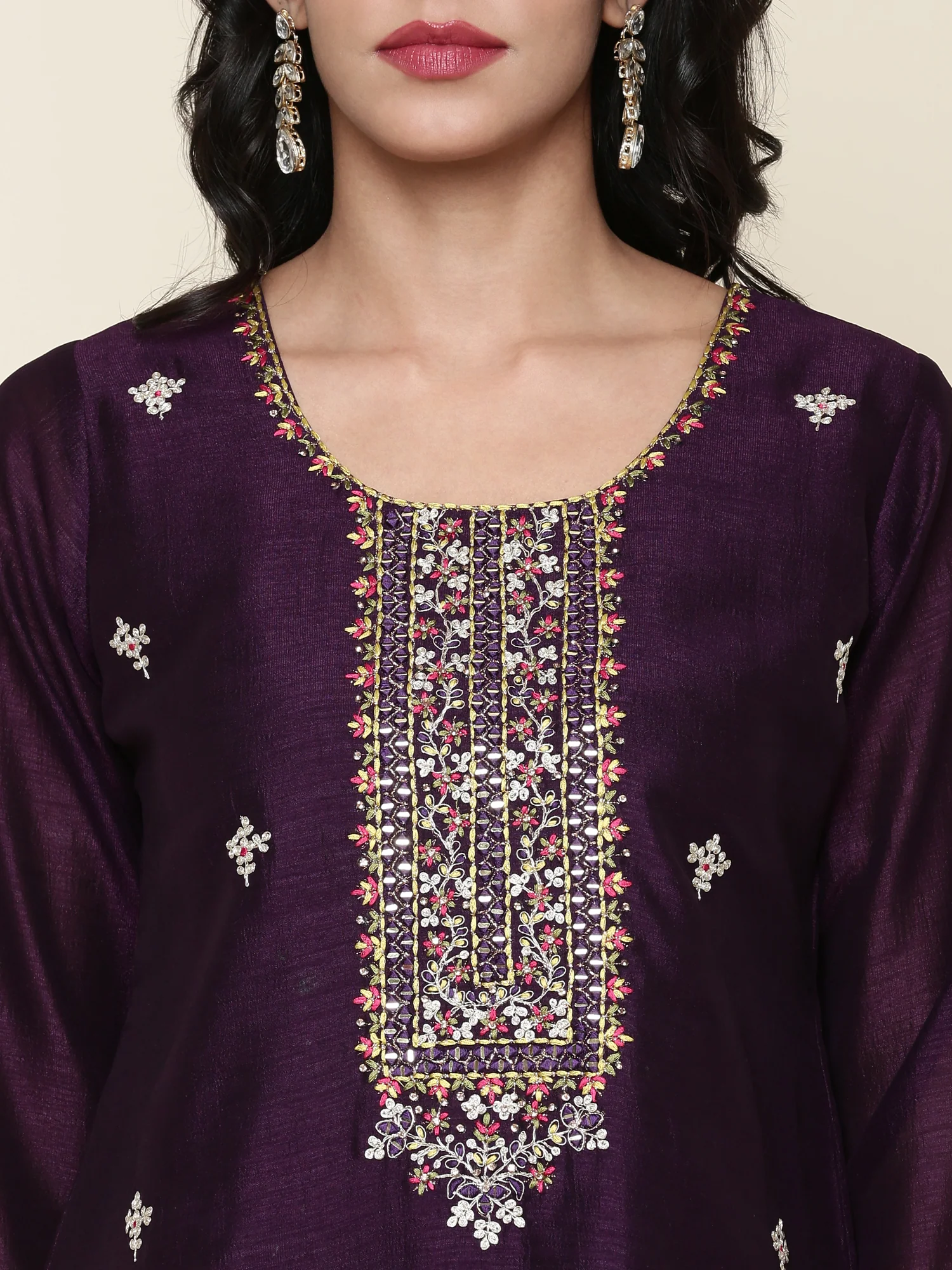 Purple Silk Embroidered three piece suit set with Contrast Dupatta - Image 5
