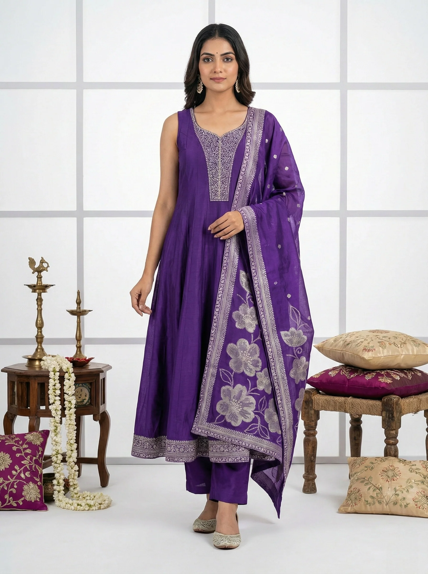 Purple Silk Hand Embroidered Suit Set