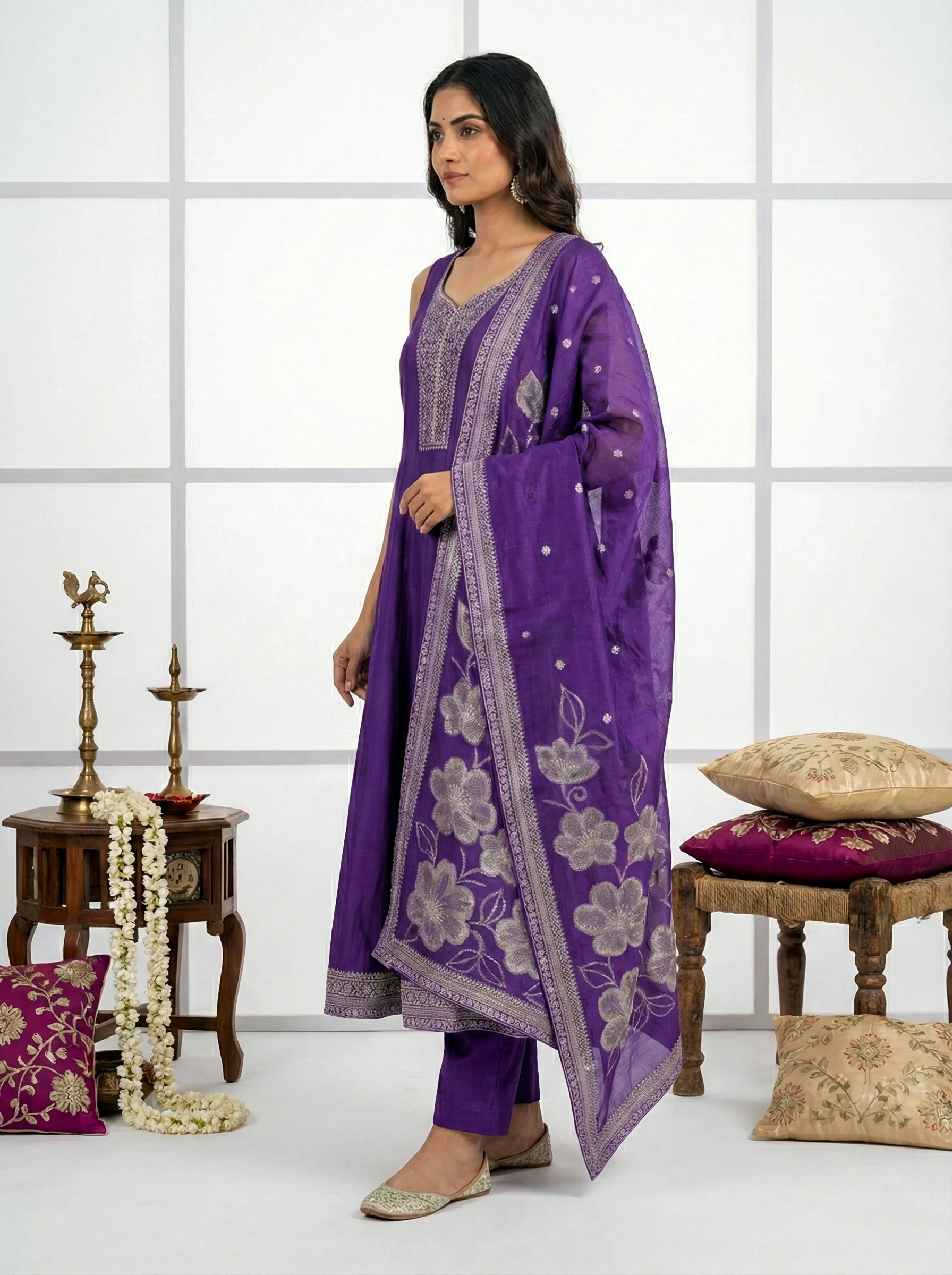 Purple Silk Hand Embroidered Suit Set - Image 2
