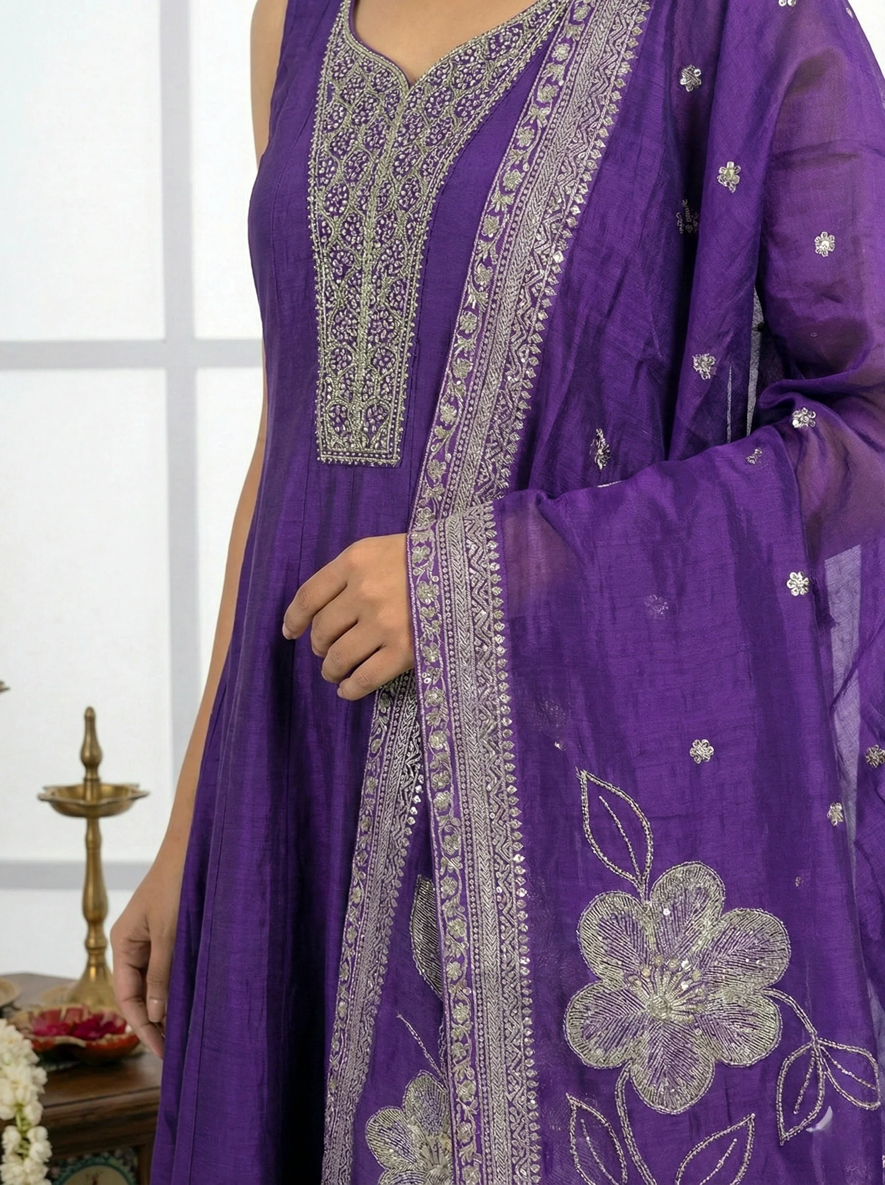 Purple Silk Hand Embroidered Suit Set - Image 5