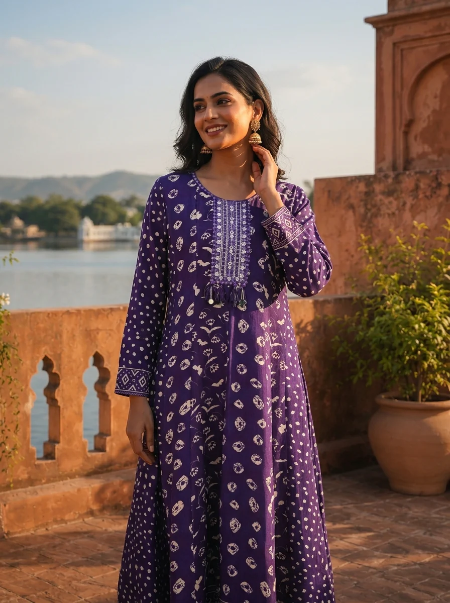 Purple Silk Multi-Pattern Block Printed Dress - Image 2