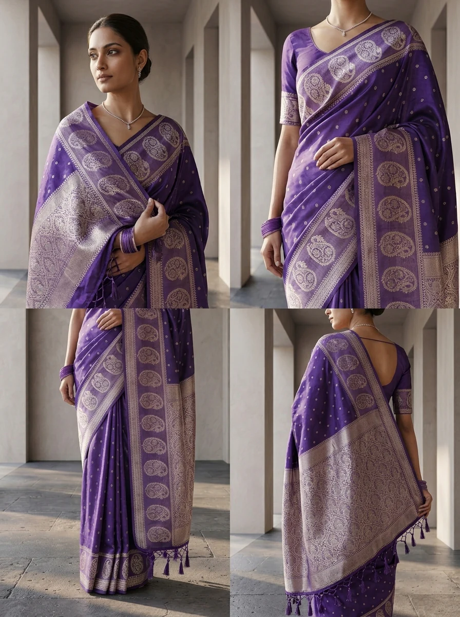 Purple Silk Paisley Design Weaved Saree - Image 4