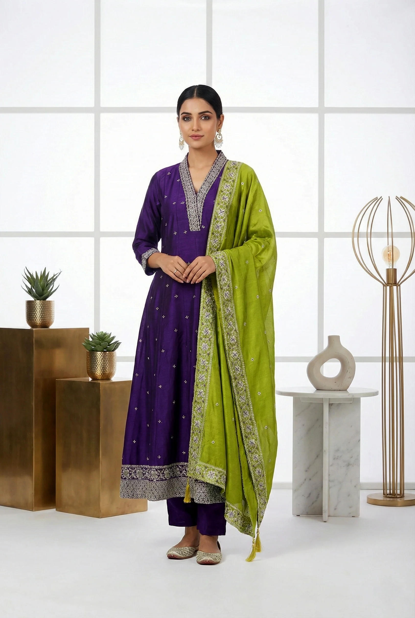 Purple Silk Printed Three Piece Set