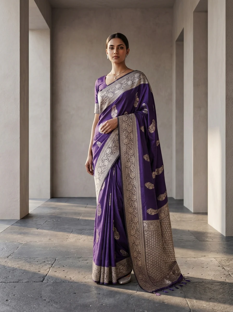 Purple Silk Saree with Floral Gold Zari Weaving - Image 2