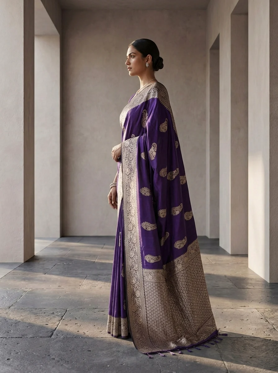 Purple Silk Saree with Floral Gold Zari Weaving - Image 3