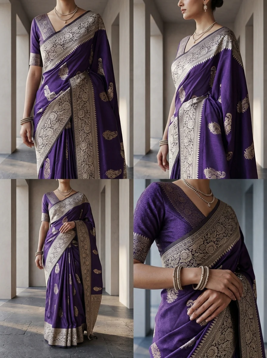 Purple Silk Saree with Floral Gold Zari Weaving - Image 4