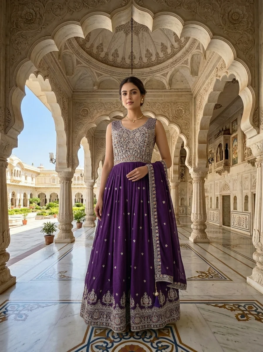 Purple Silk Stone And Aari Embroidered Anarkali Set