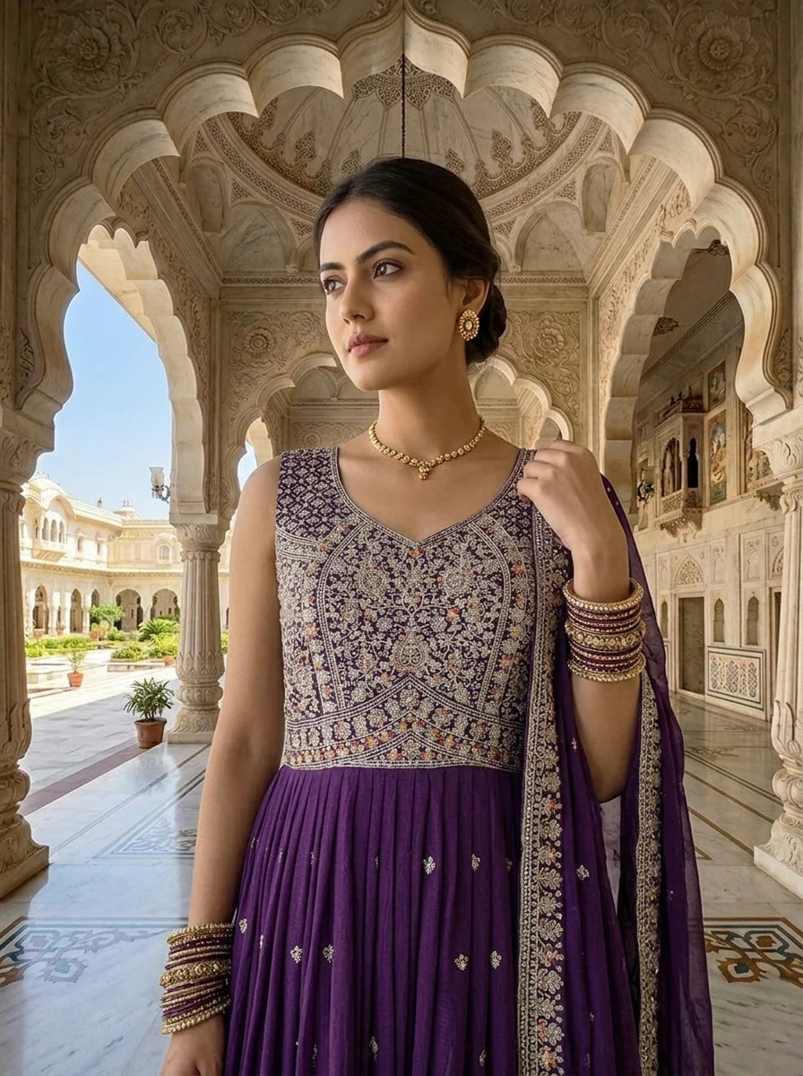 Purple Silk Stone And Aari Embroidered Anarkali Set - Image 4