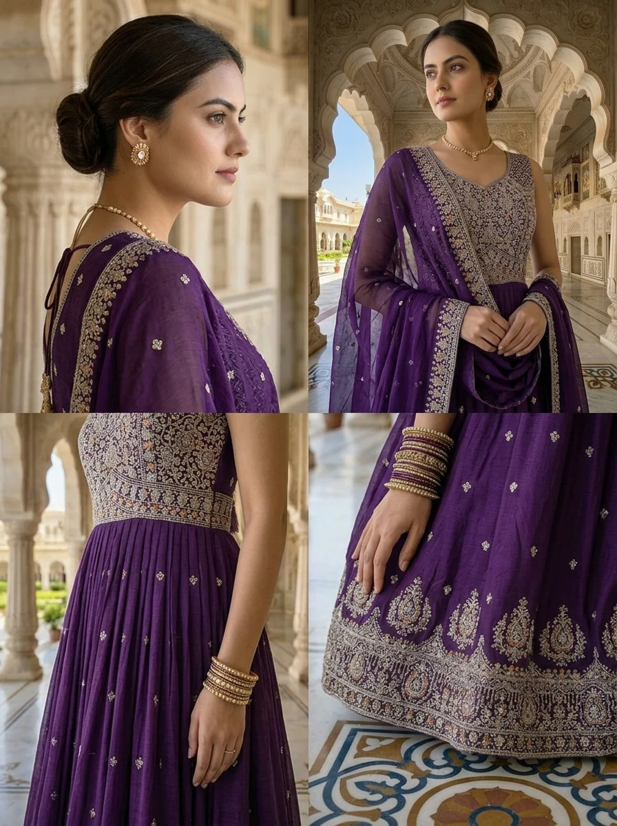 Purple Silk Stone And Aari Embroidered Anarkali Set - Image 5