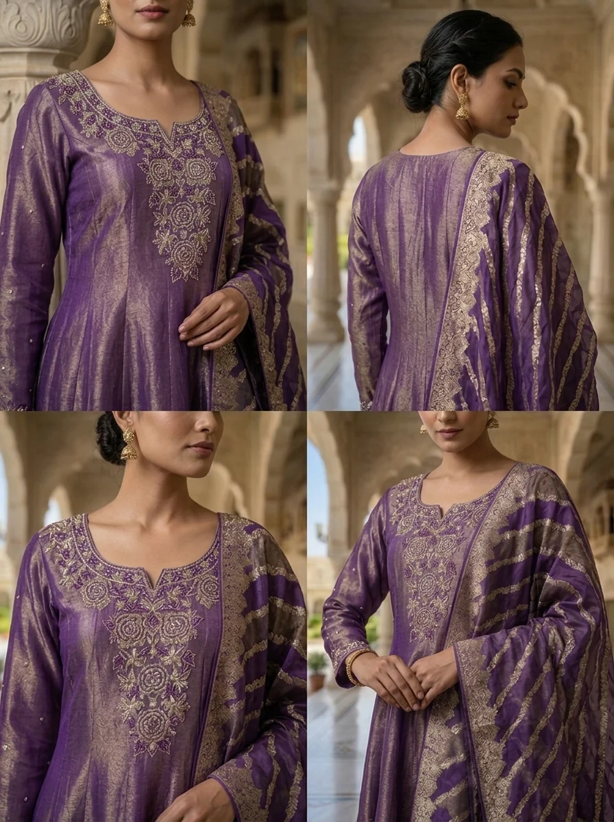 Purple Tissue Floral Beads Embroidered Three Piece Set - Image 5
