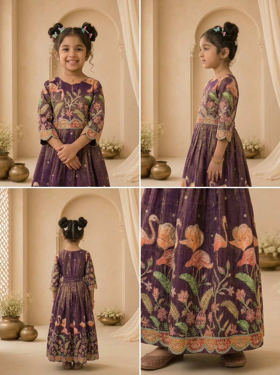 Purple Tissue Floral Thread Embroidered Dress - Image 6