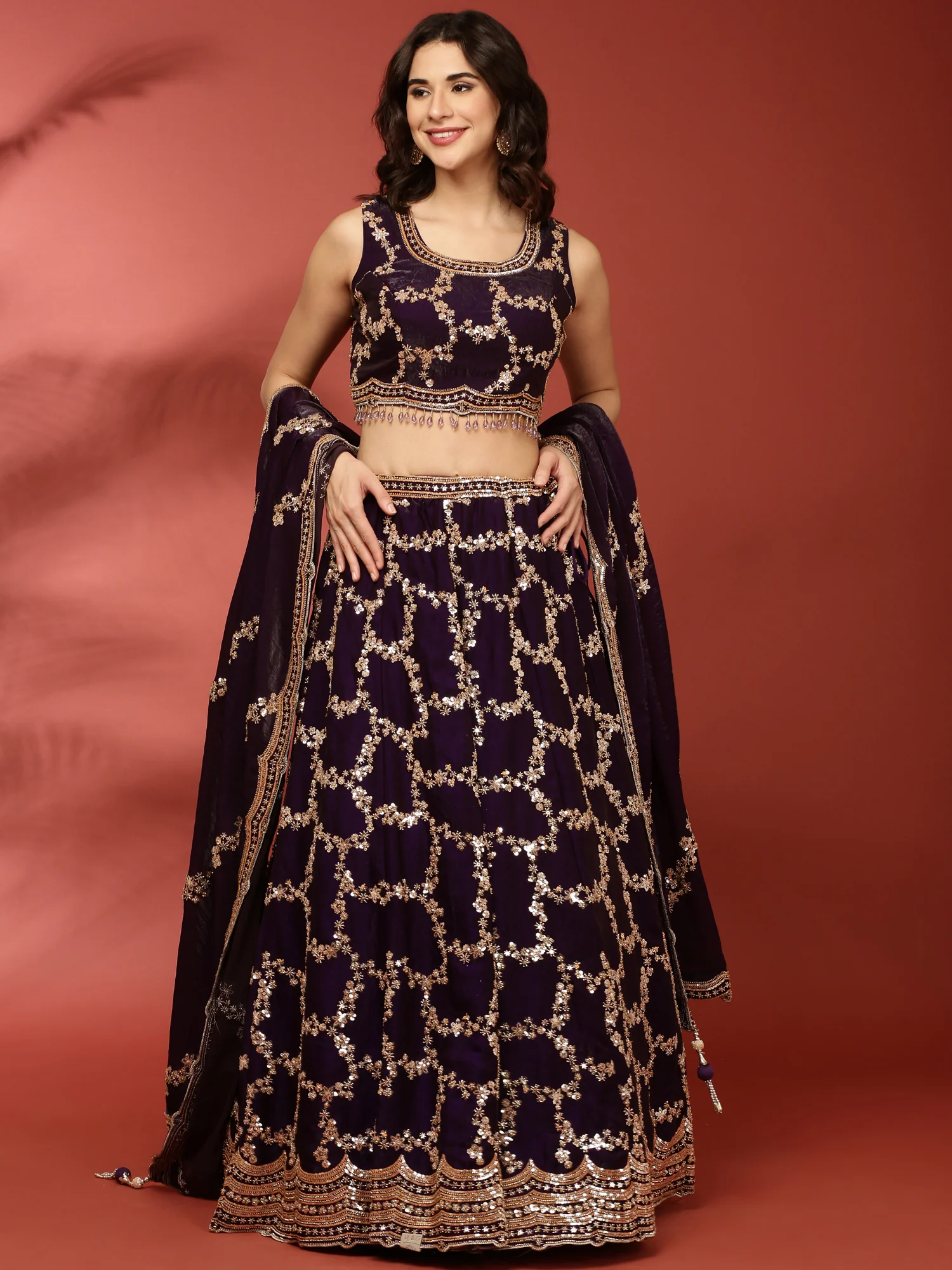 Purple Tissue Hand Embroidered Ghagra Set