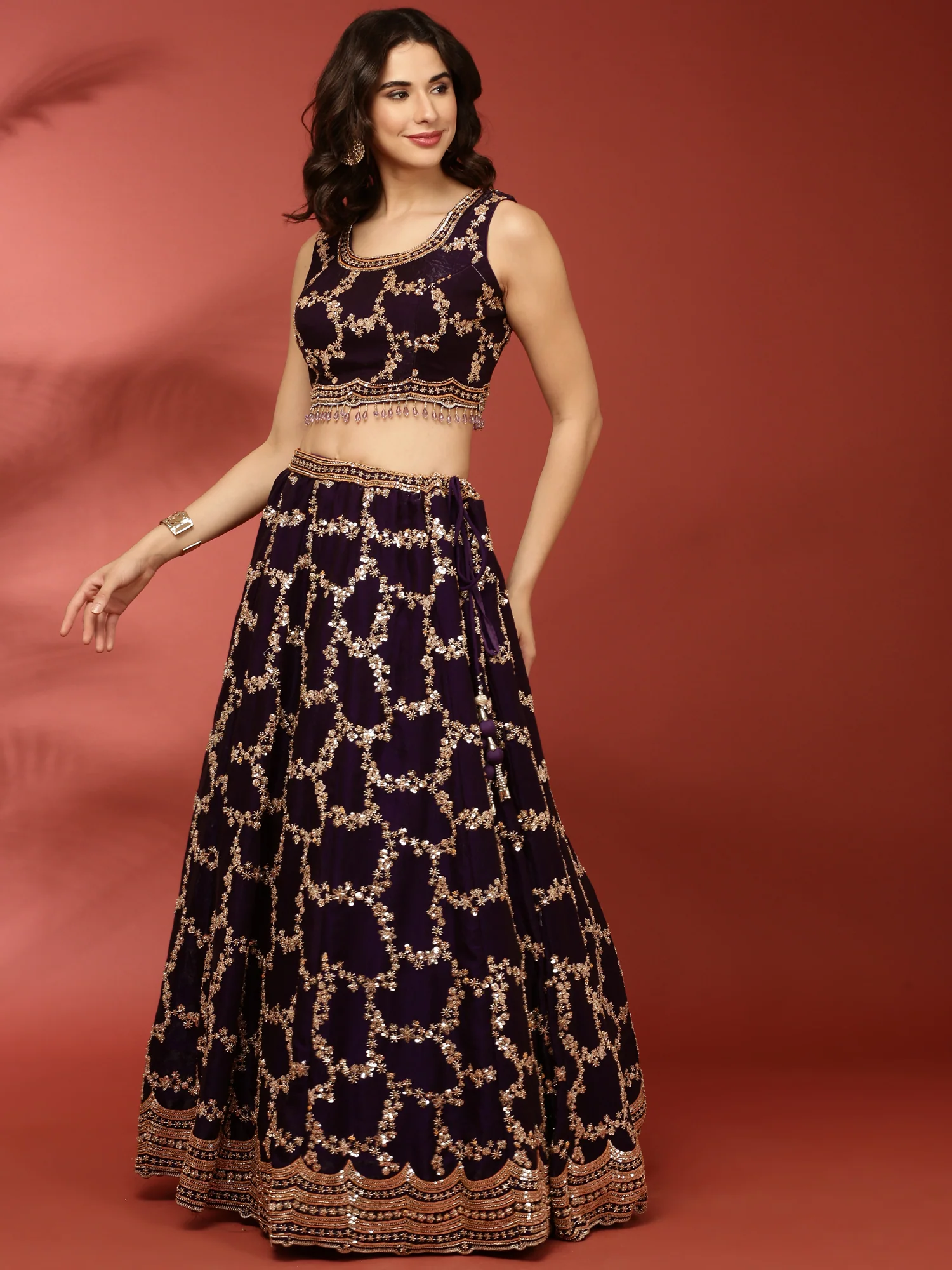 Purple Tissue Hand Embroidered Ghagra Set - Image 2