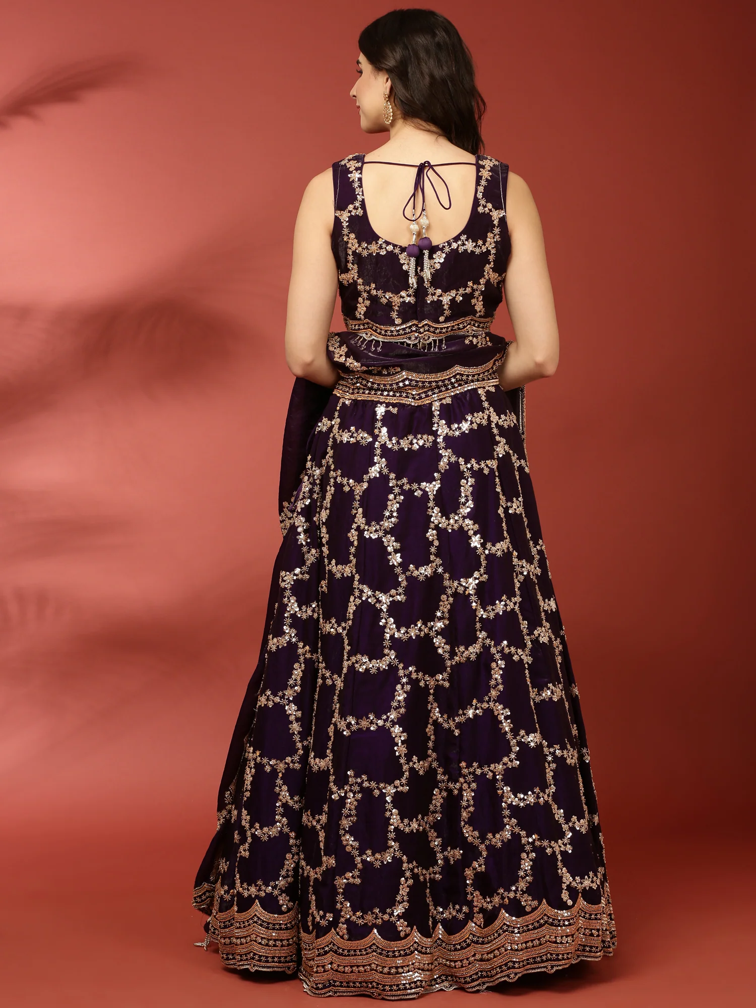 Purple Tissue Hand Embroidered Ghagra Set - Image 3