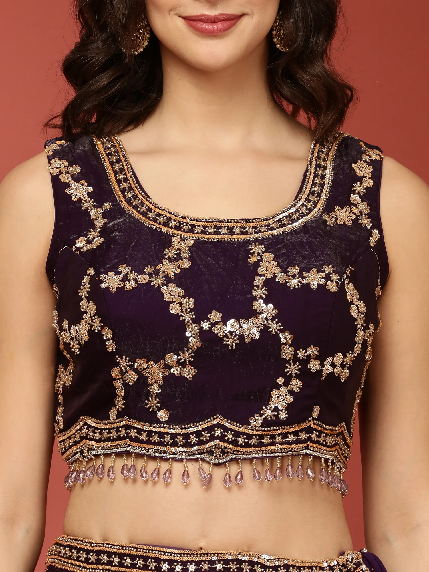 Purple Tissue Hand Embroidered Ghagra Set - Image 4