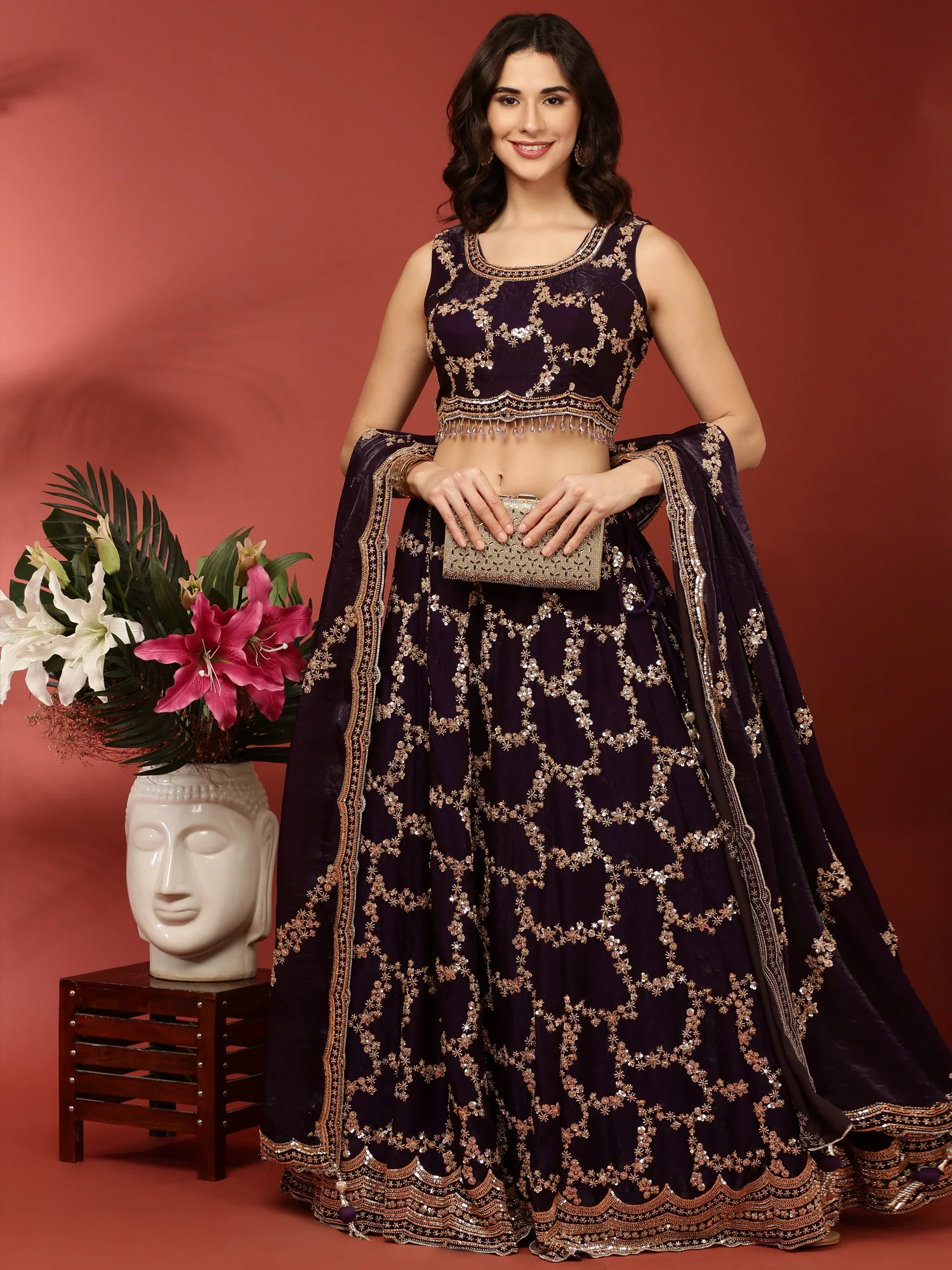 Purple Tissue Hand Embroidered Ghagra Set - Image 5