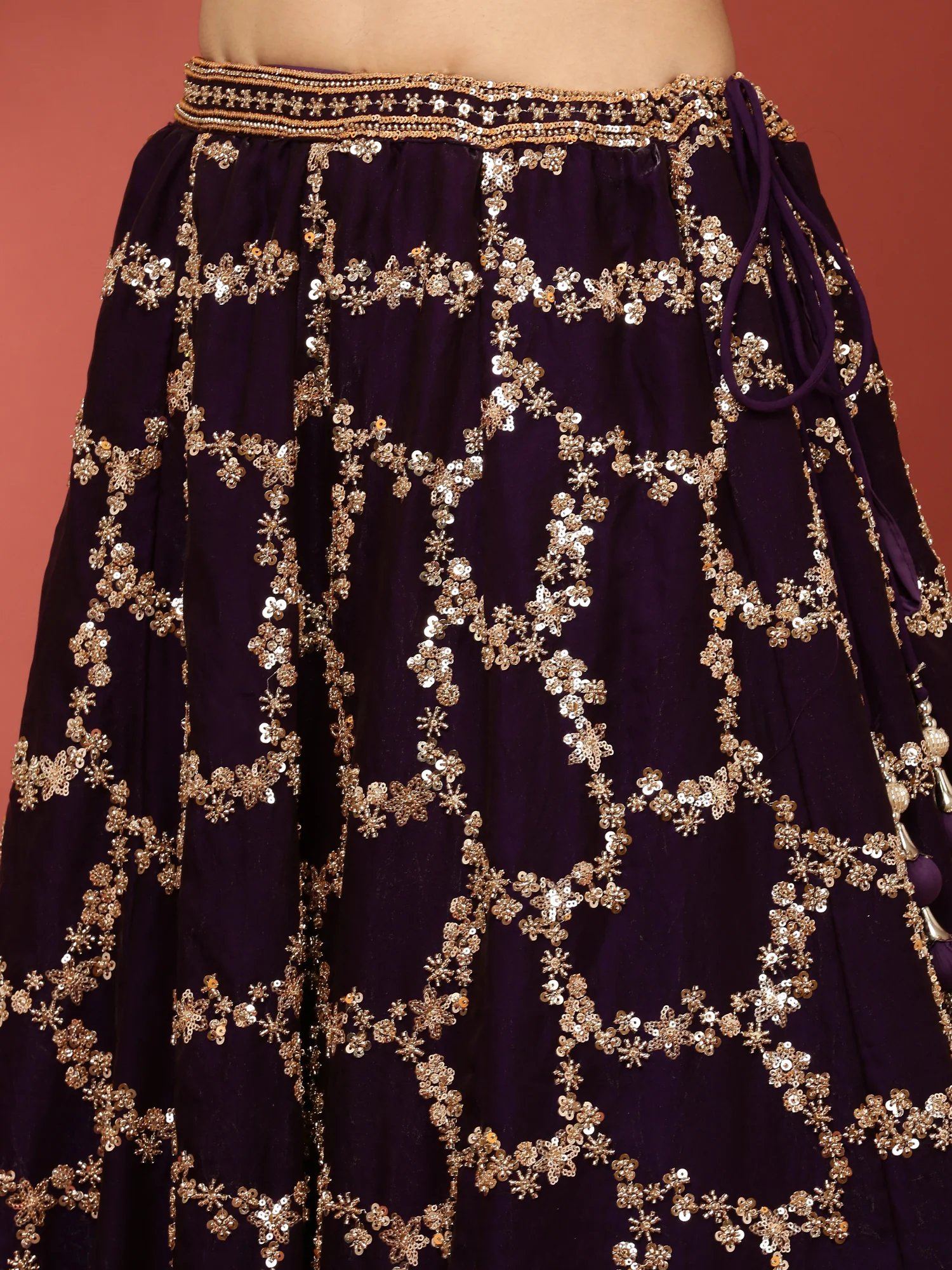 Purple Tissue Hand Embroidered Ghagra Set - Image 6