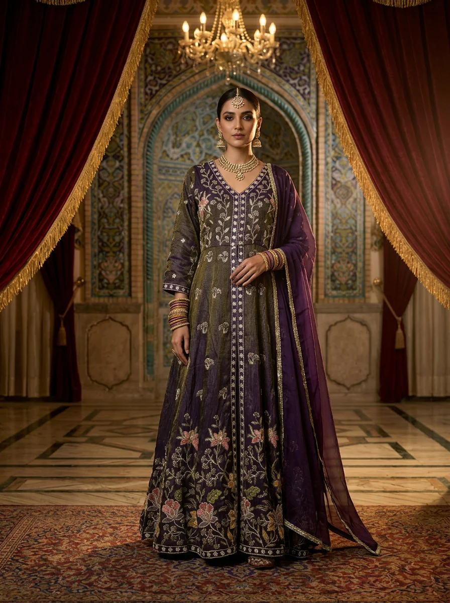 Purple Tissue Hand Embroidery Anarkali Set