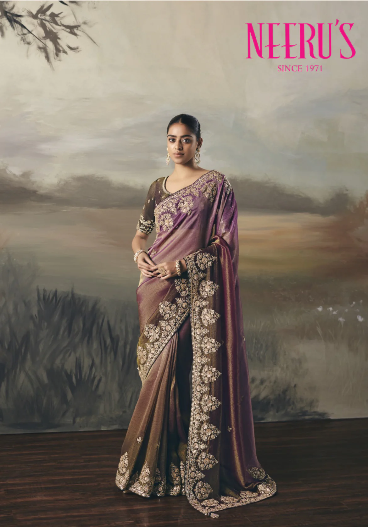 Purple Tissue Saree With Heavy Hand Embroidery Work