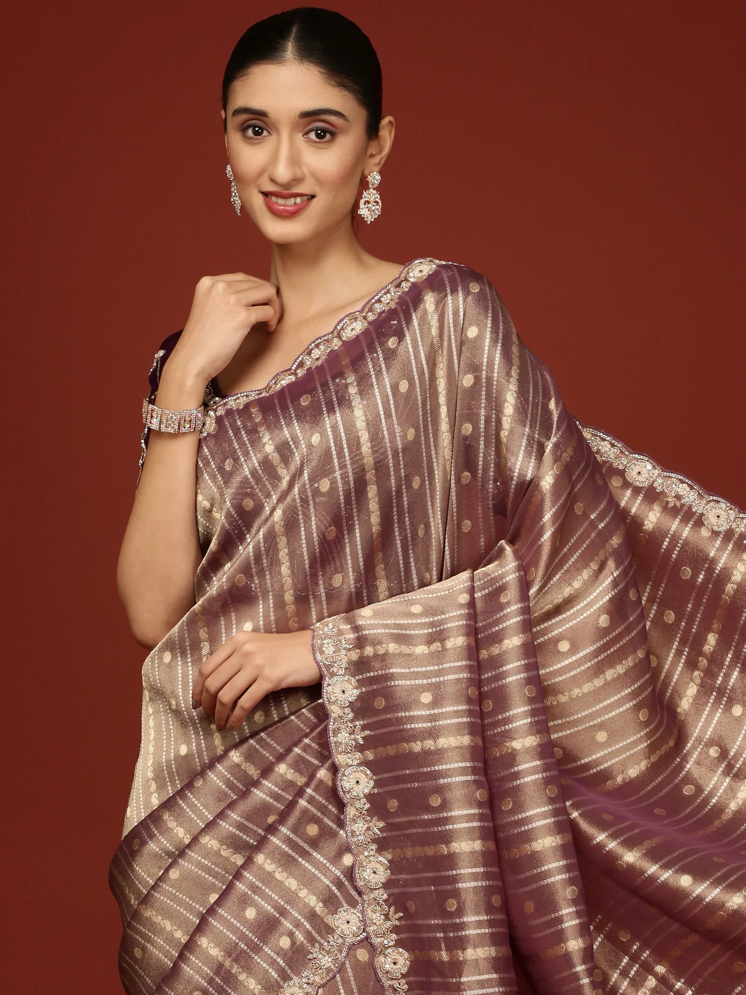 Purple Tissue Weaved Saree With Stone Work Readymade Blouse - Image 3