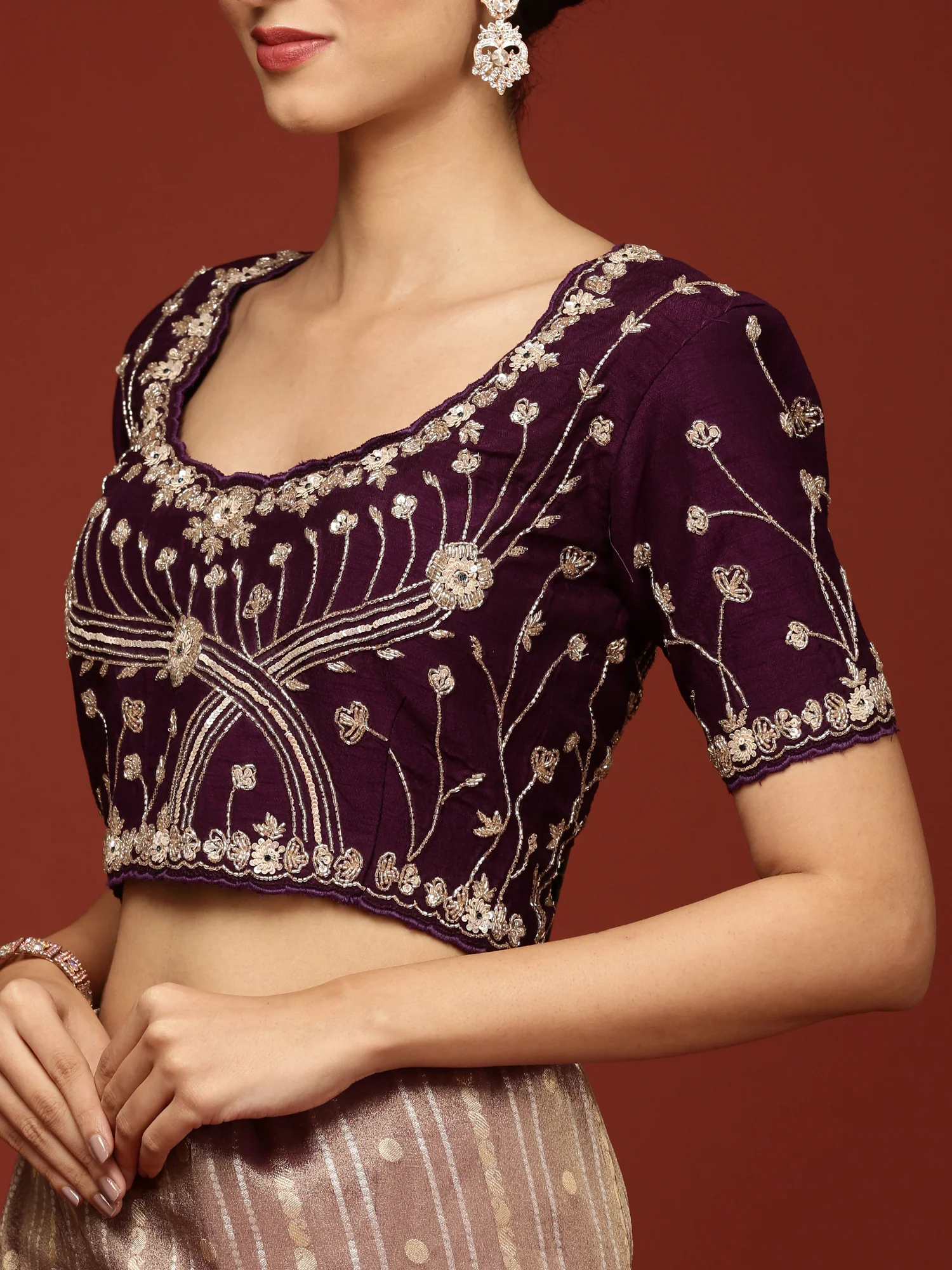 Purple Tissue Weaved Saree With Stone Work Readymade Blouse - Image 7