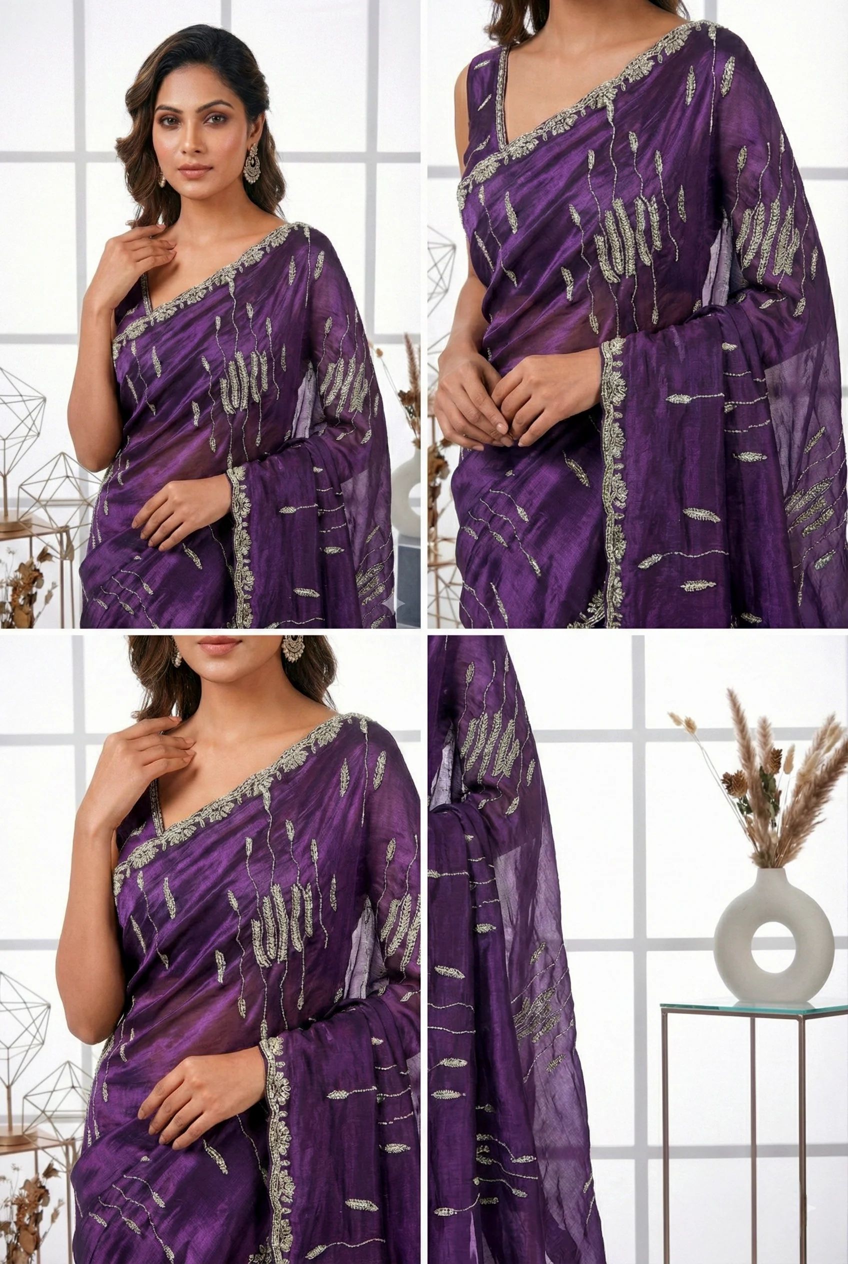 Purple Zari Hand Embroidery Saree - Image 3