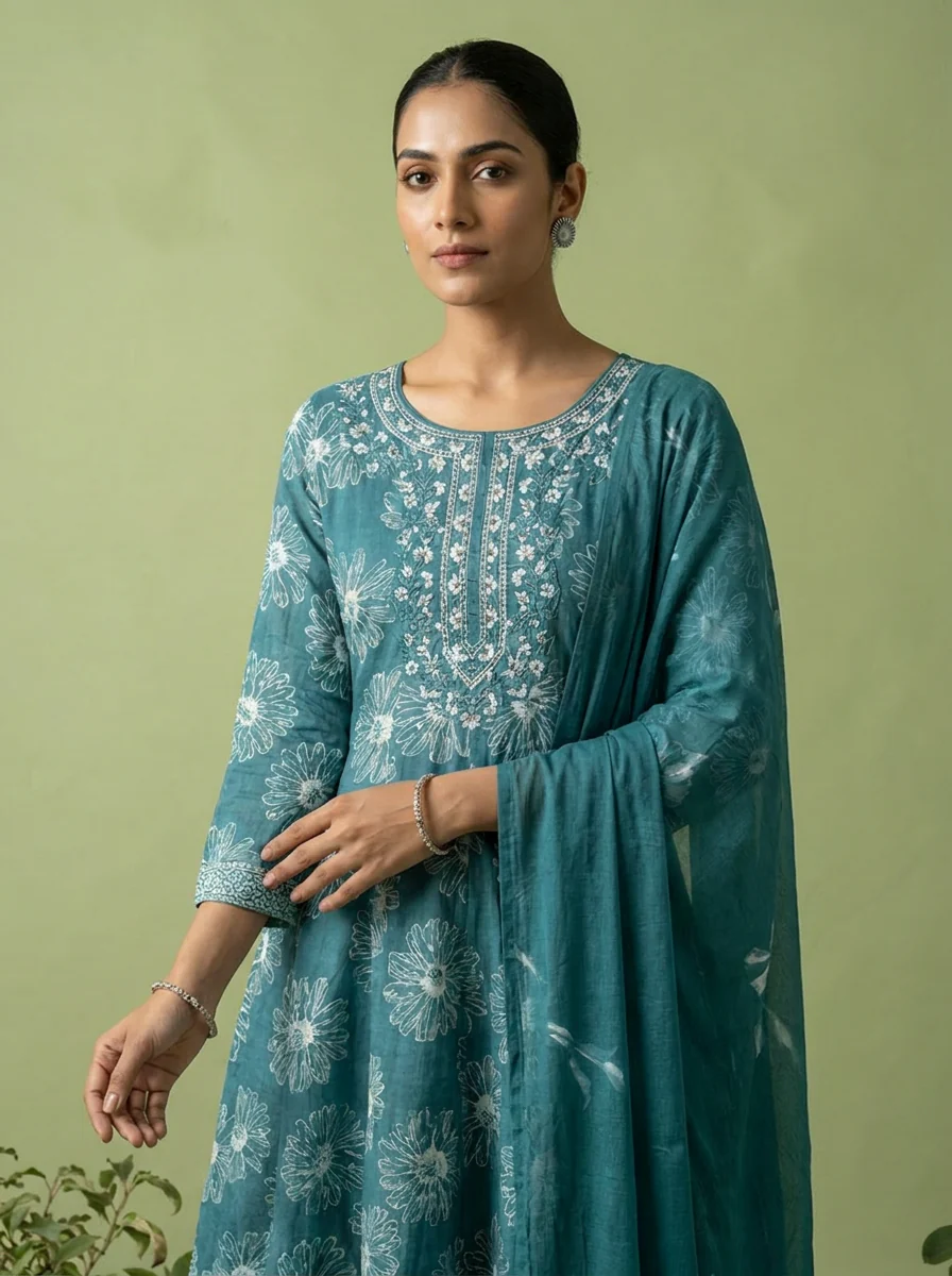 Rama Beads Embroidery And Floral Printed Cotton Three Piece Set - Image 2