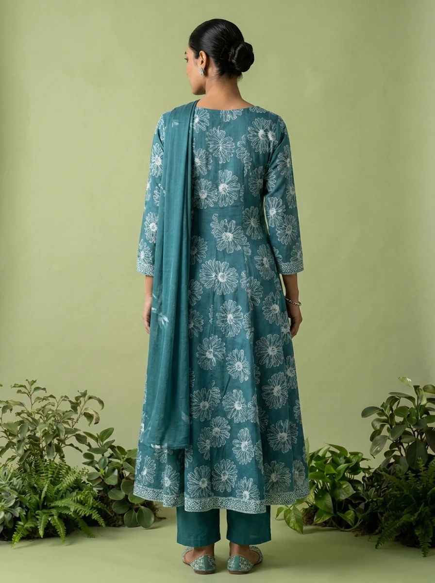Rama Beads Embroidery And Floral Printed Cotton Three Piece Set - Image 3