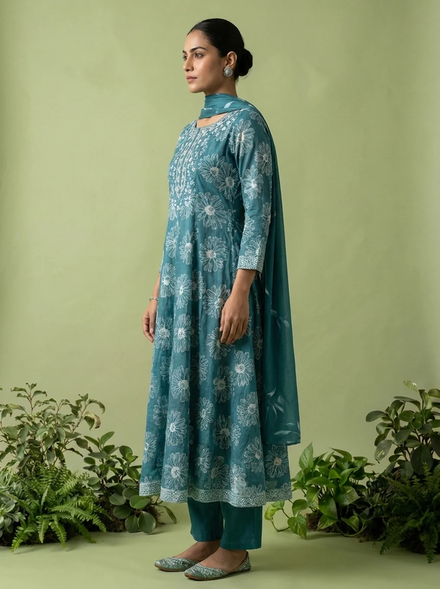 Rama Beads Embroidery And Floral Printed Cotton Three Piece Set - Image 4