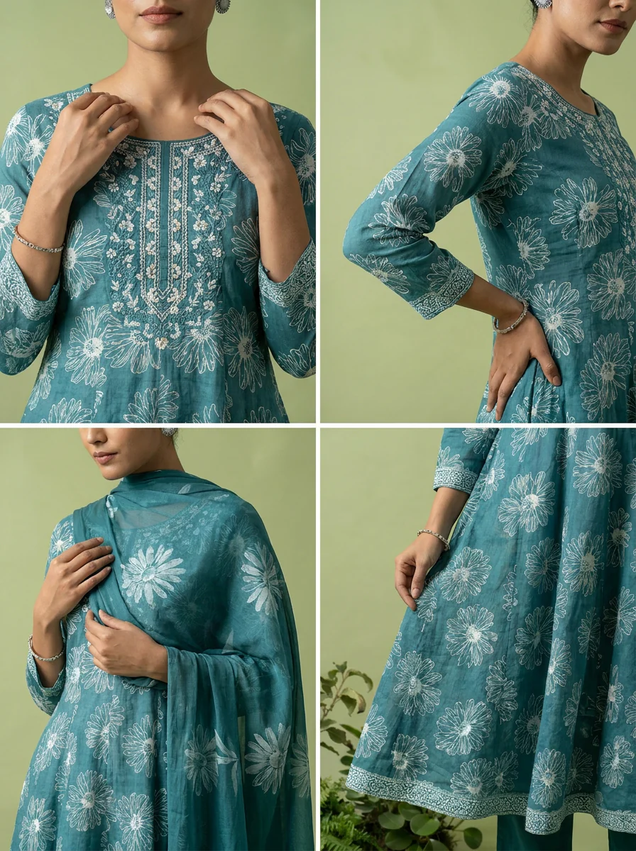 Rama Beads Embroidery And Floral Printed Cotton Three Piece Set - Image 5