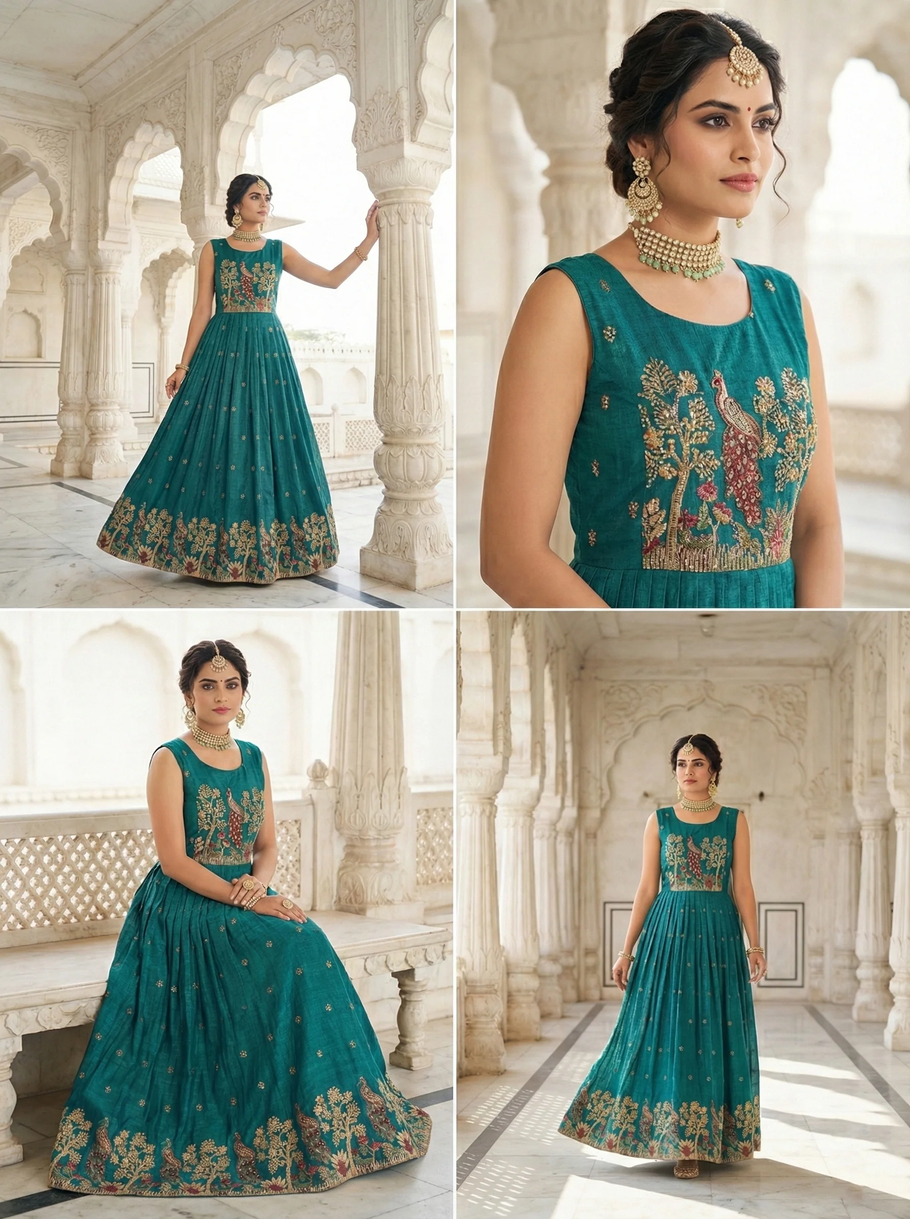 Rama Chinon Peacock Motif Block Print Long Dress - Image 3