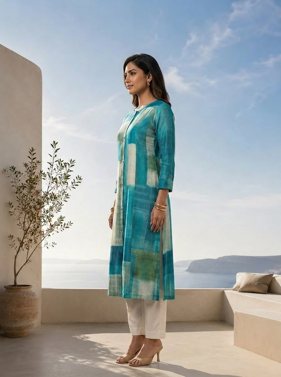 Rama Color Block Printed Silk A-Line Kurta - Image 3