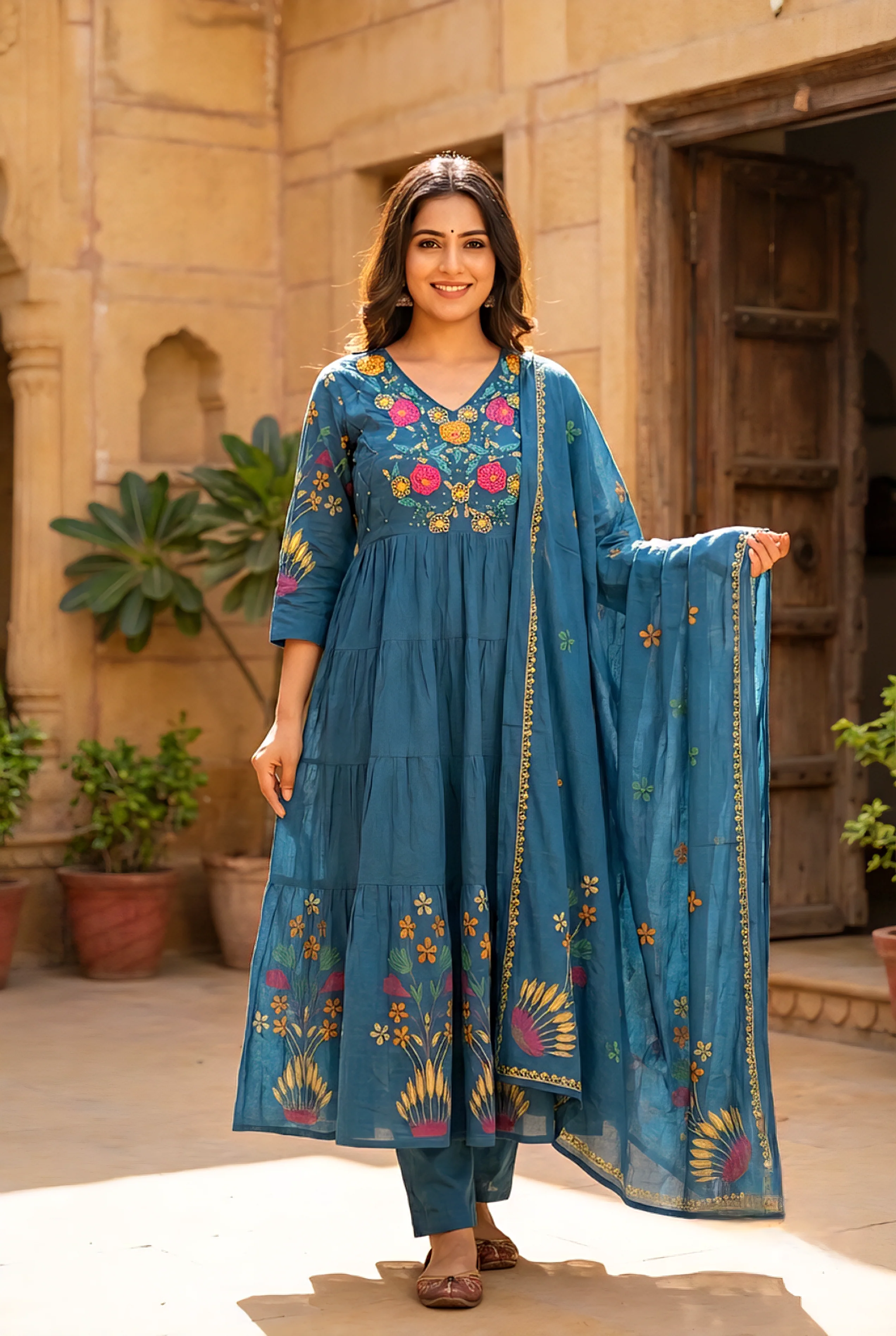 Rama Cotton Floral Hand Embroidery Three Piece Set