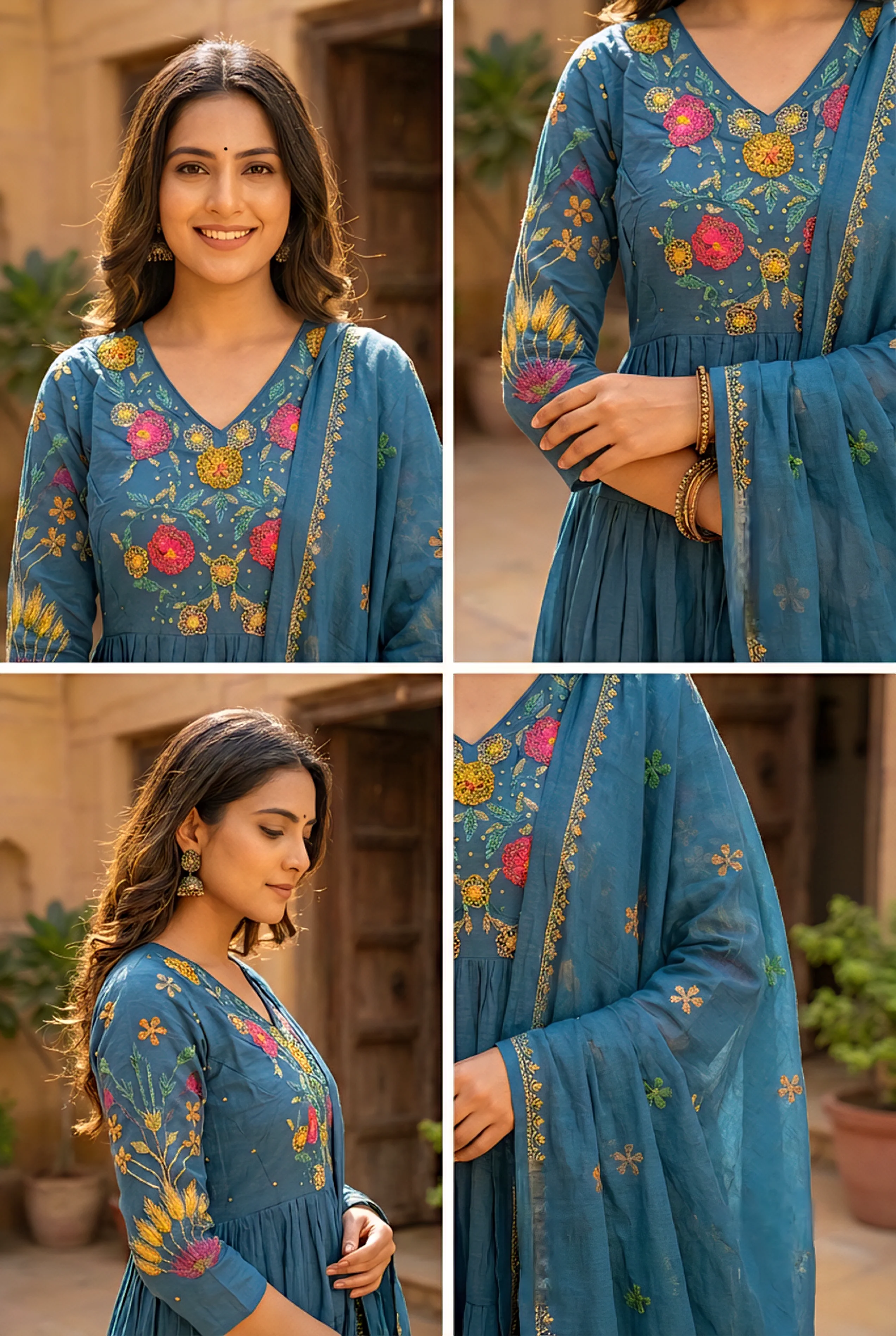 Rama Cotton Floral Hand Embroidery Three Piece Set - Image 5