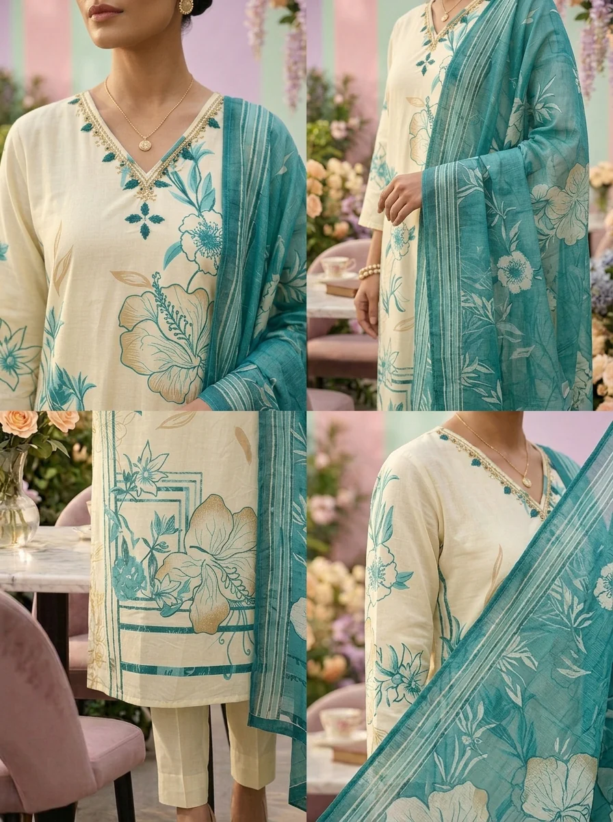 Rama Cotton Floral Printed Three Piece Set - Image 5