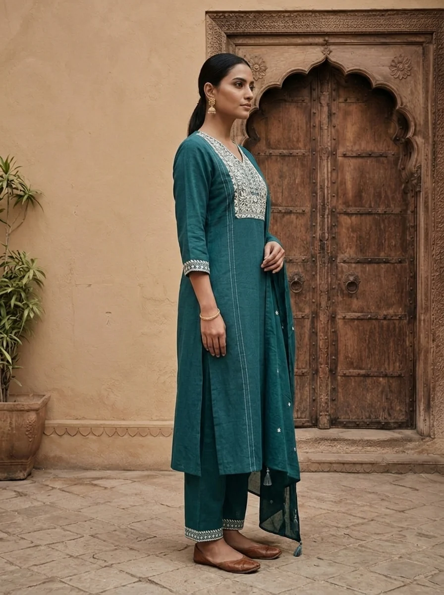 Rama Cotton Paisley And Floral Thread Embroidered Three Piece Set