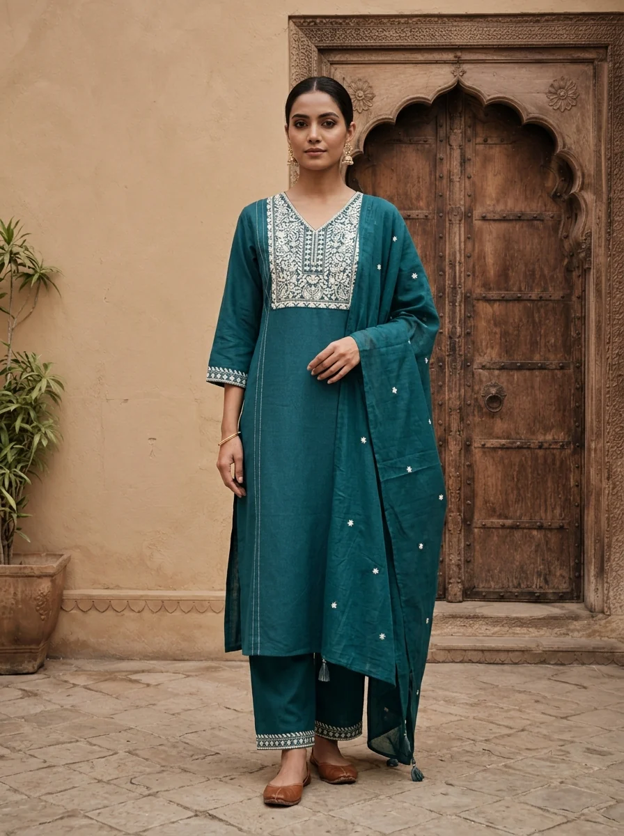 Rama Cotton Paisley And Floral Thread Embroidered Three Piece Set - Image 2